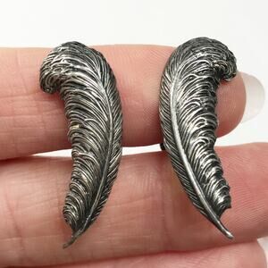 VTG 925 Sterling Silver Feather Screw Back Earrings Puffy 1.23in Southwestern